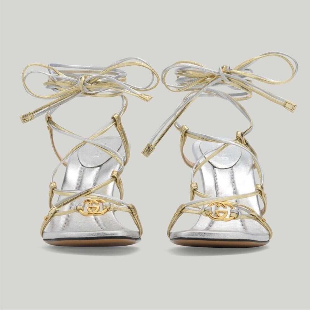 ISO WOMEN'S INTERLOCKING G METALLIC LEATHER TIE-UP SANDALS IN PLATINO SILVER